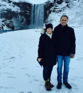 The centerpiece of Ellie Slott Fisher and Jon Roth's trip to Iceland was spending New Year's Eve in Reykjavik. They are shown here at the Seljalands waterfall.